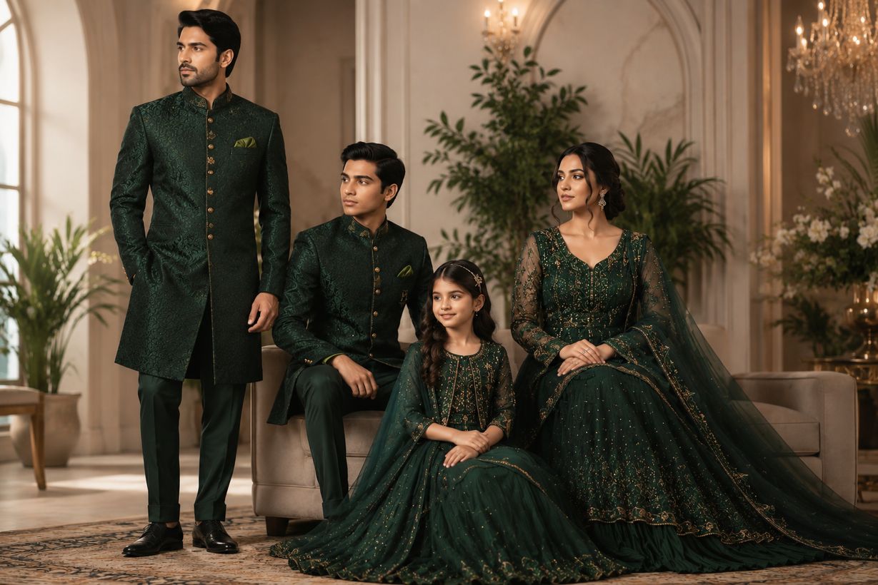 A family in coordinated emerald and gold festive wear