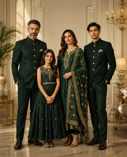 Family in coordinated emerald festive wear