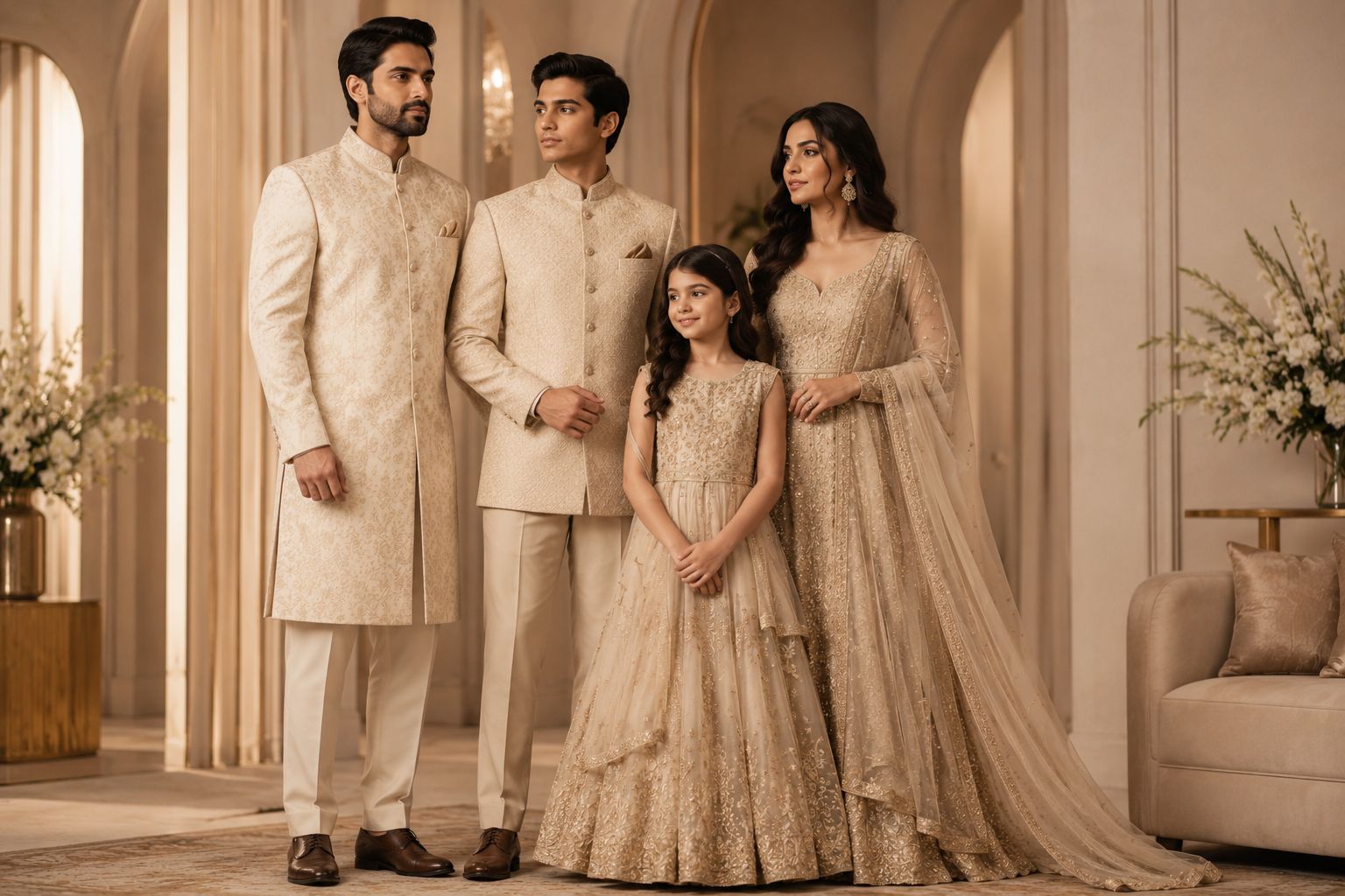A family dressed in matching ivory and gold occasion wear