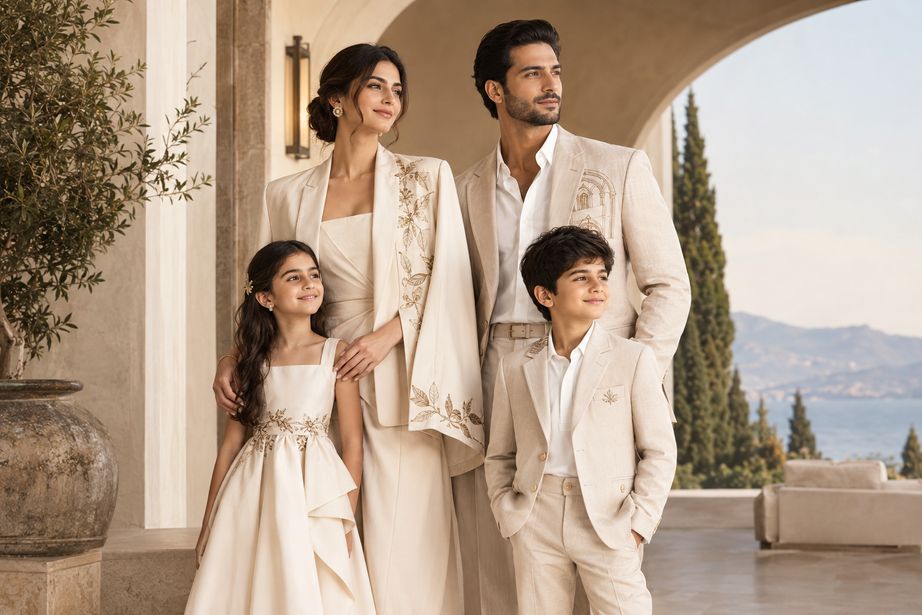 Family in matching ivory linen on a sunlit terrace